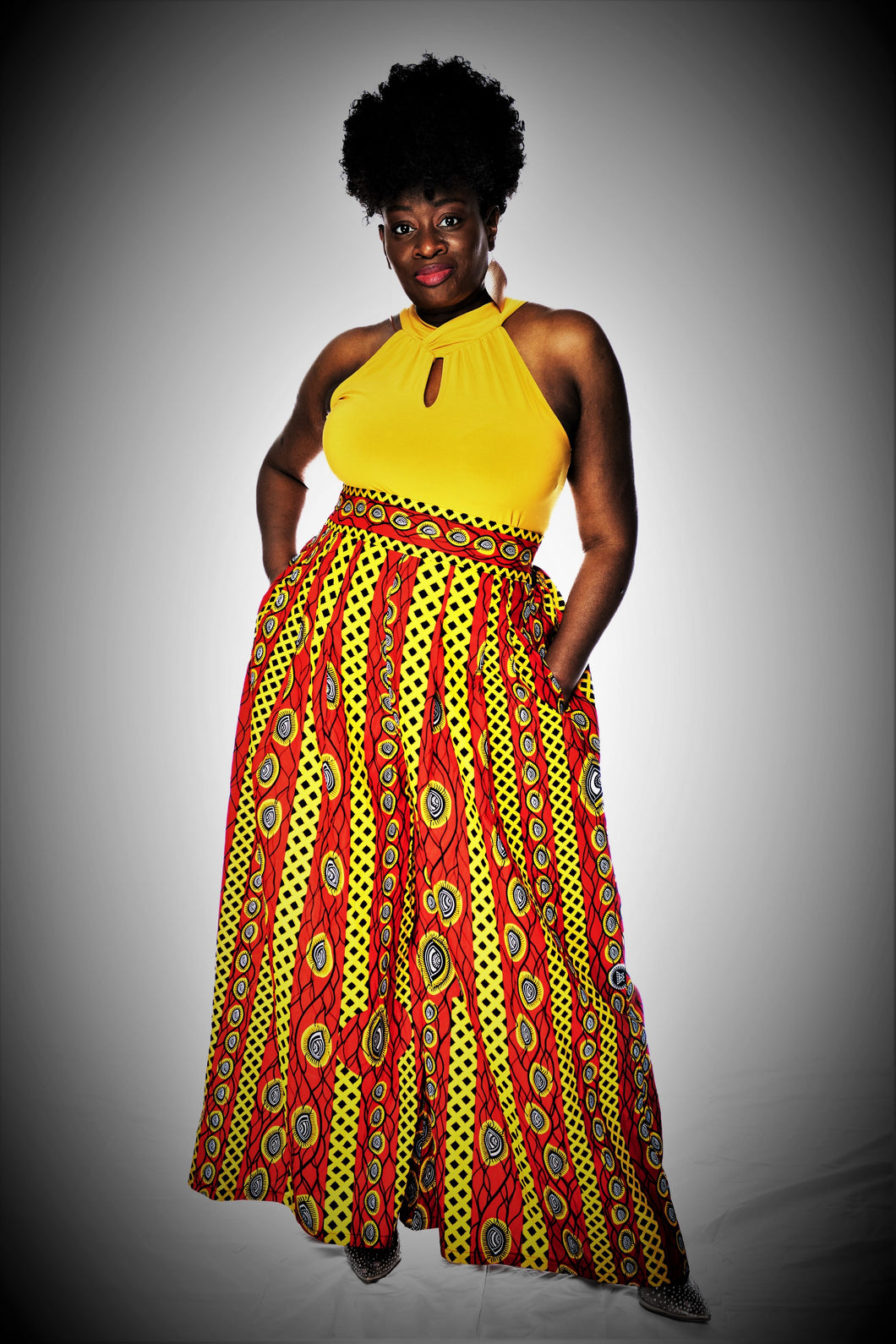 Yellow, red and black wide-leg pants